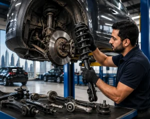 Mechanic inspecting and replacing a vehicle suspension strut inside a modern Dubai car repair workshop with suspension components on a workbench.