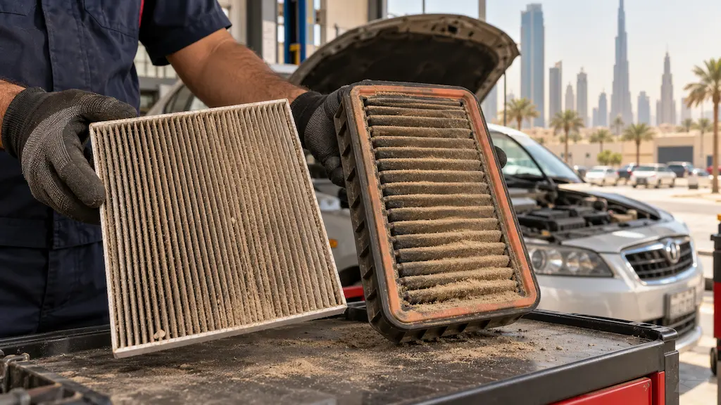 Mechanic holding cabin and engine air filters clogged with desert dust in Dubai.