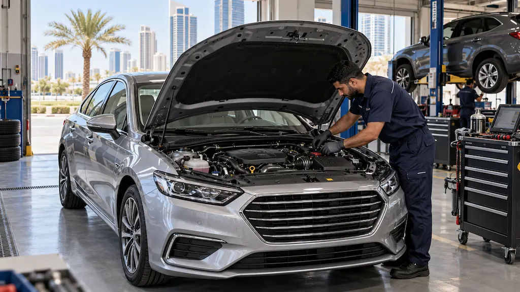 Mechanic inspecting a silver car’s engine in a Dubai workshop.