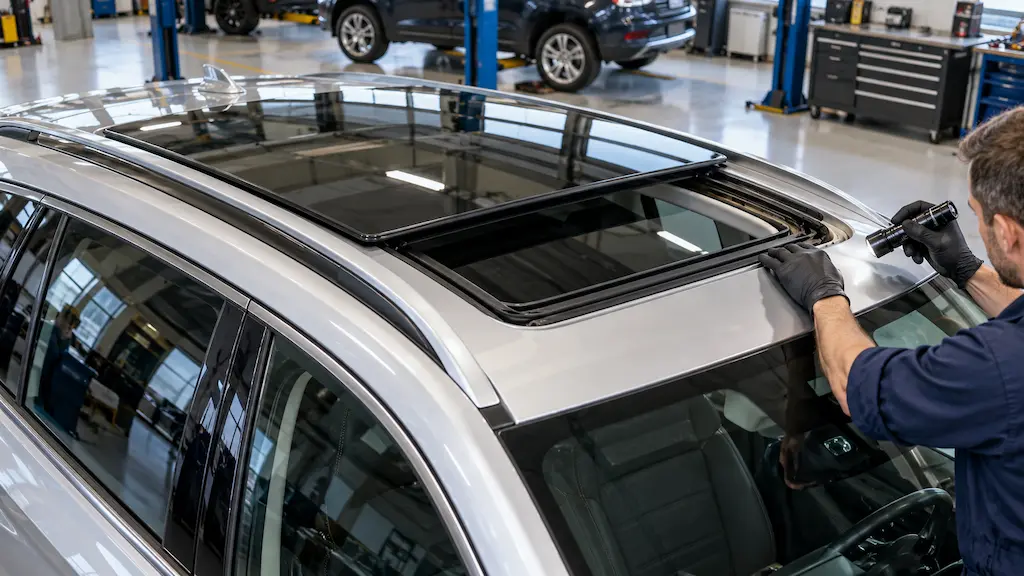 : Mechanic inspecting a car’s panoramic sunroof.