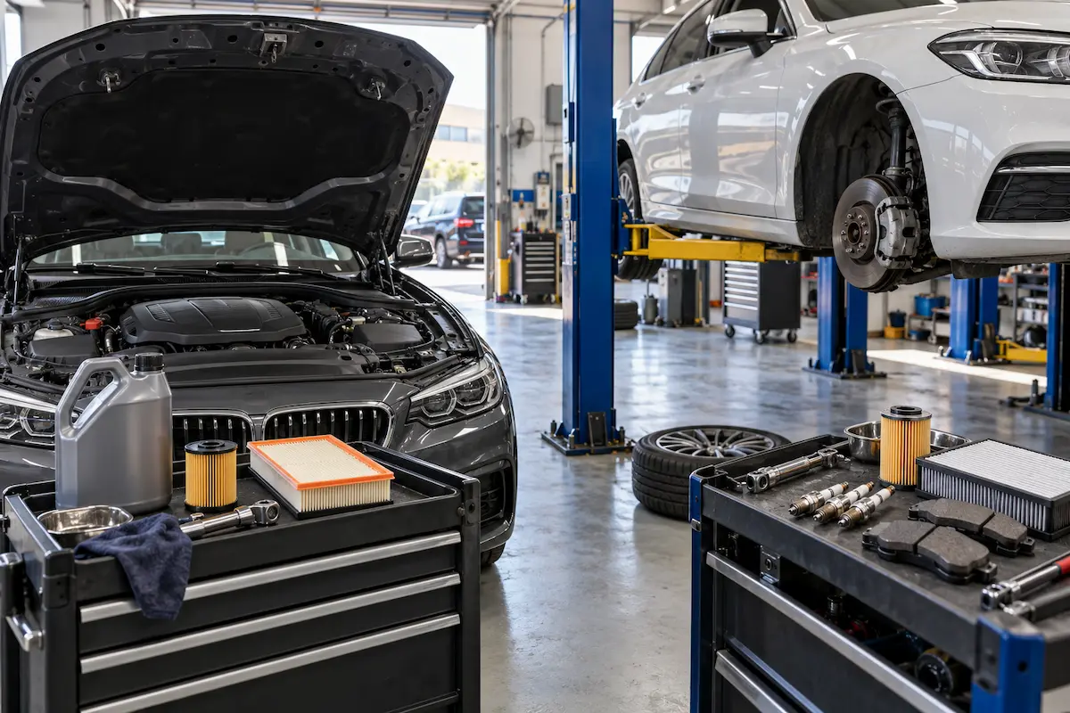 Cars in a workshop with oil, filters, spark plugs and brake parts.