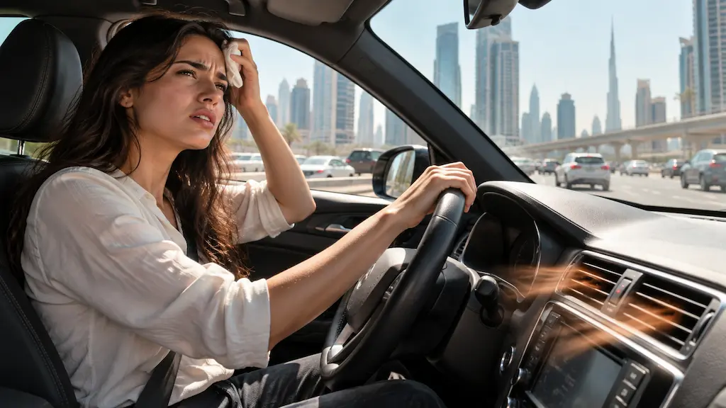 Woman feeling hot inside a car due to AC not cooling on a sunny Dubai road.